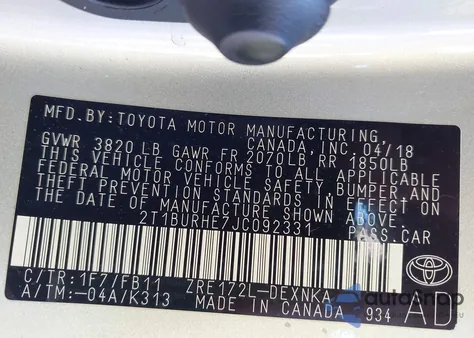 2018 Toyota Corolla Le from USA, damaged, VIN 2T1BURHE7JC092331
